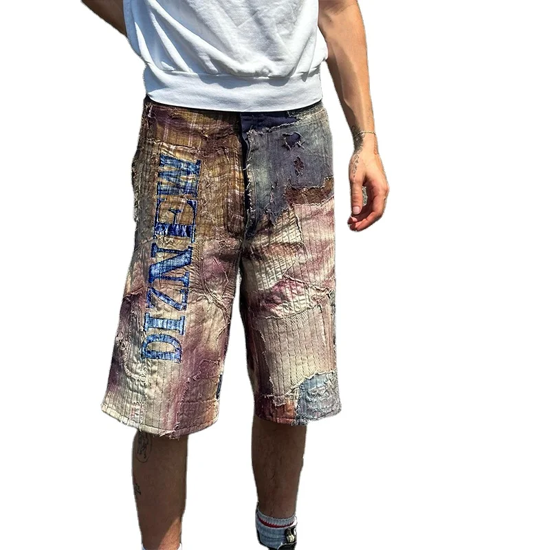 DIZNEW men Jeans shorts Custom logo printed acid washed patch pants Jeans New style shorts for men