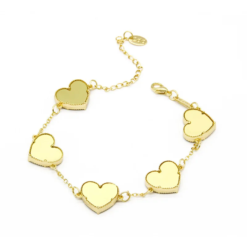 Stock gold plated double sided love heart shape bracelet jewelry adjustable acrylic leaf clover bracelet for women