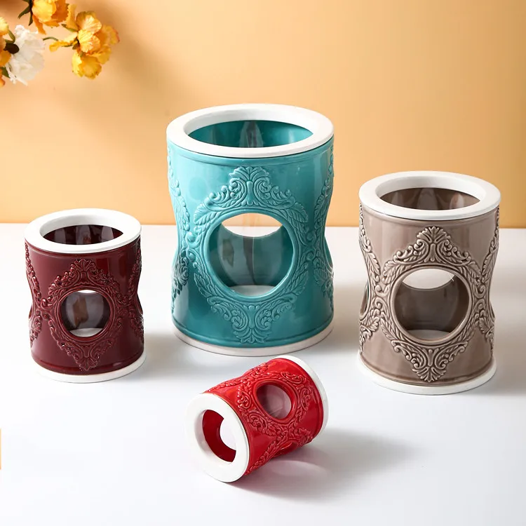 Cylindrical candle container unique tea light holder colored glazed ceramic empty candle jar with lid