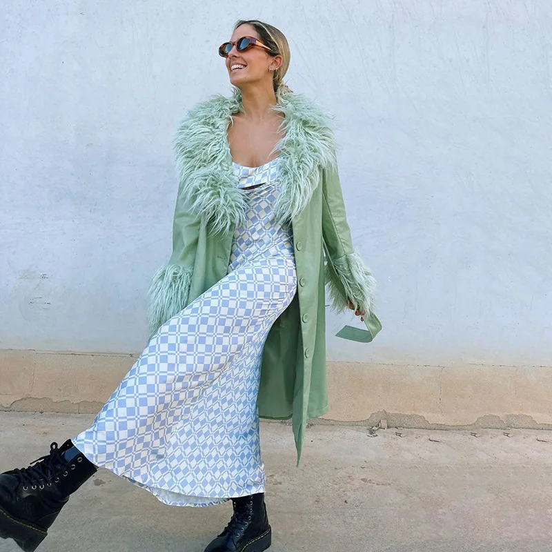 Plush PU Patchwork Trench Women Fall Winter Warm Casual Coat With Belt Lady Girl Elegant Jacket