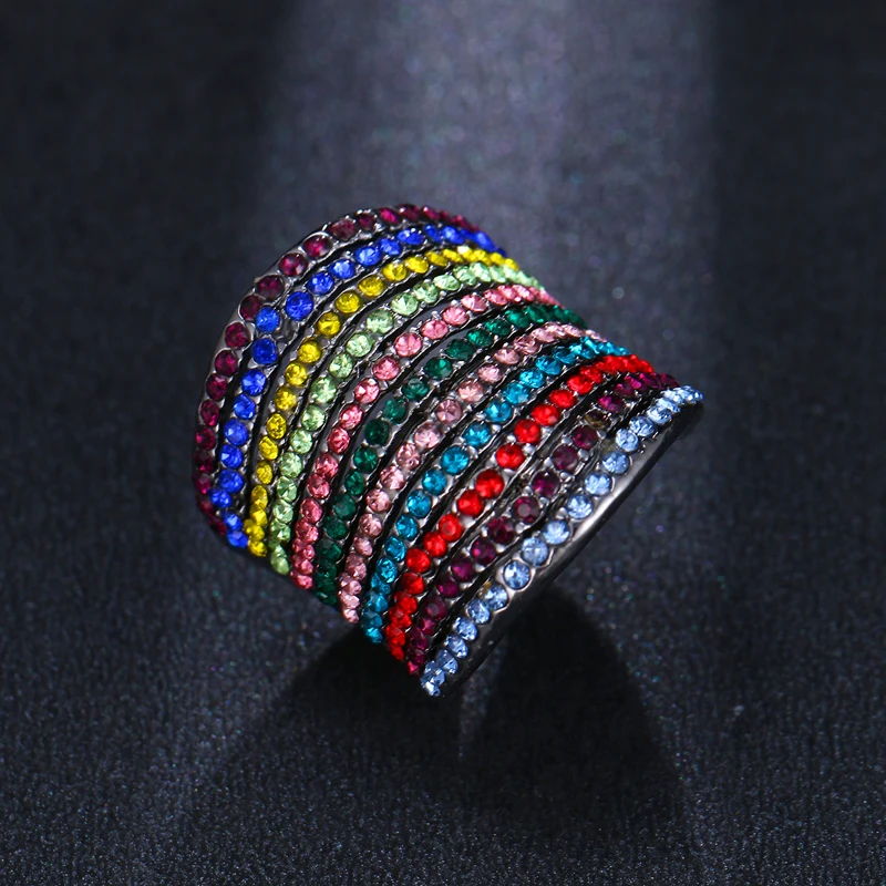 Emmaya Rainbow Colorful bohi jewelry Crystal Zircon Chunky Silver Plated Cool Ring For Women Men Party Gift