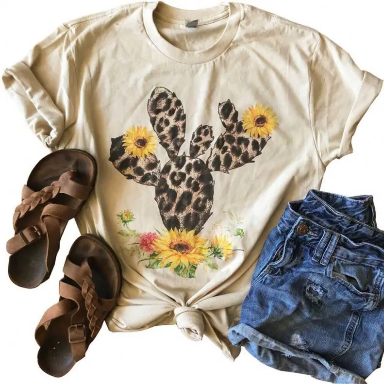 2021 Popular Serape cactus LEOPARD SUNFLOWER women girls shirts summer short sleeve tee shirts
