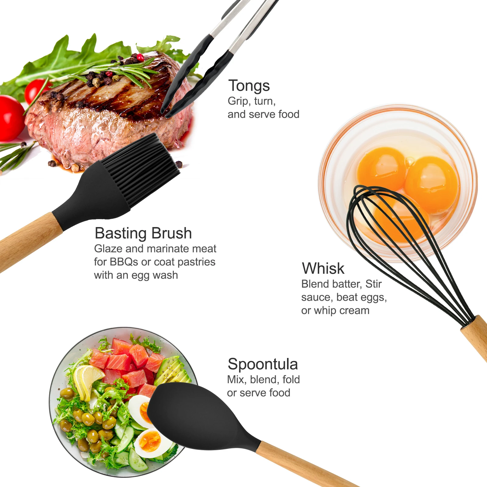 24PCS Kitchen Utensils Set, 2024 Cookware Wooden Handle Silicone Turner Tongs Spatula Spoon With Bucket