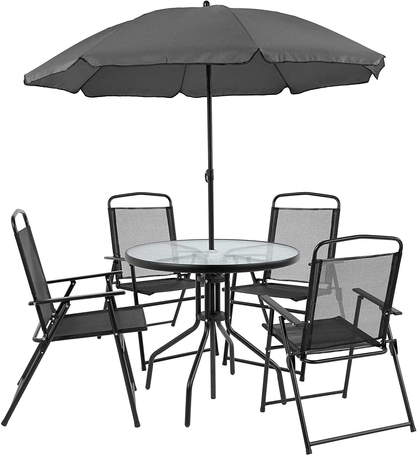 Garden Furniture Patio Garden Set with Umbrella Table and Set of 6 Folding Chairs Glass Outdoor Furniture Modern 8 Piece Black