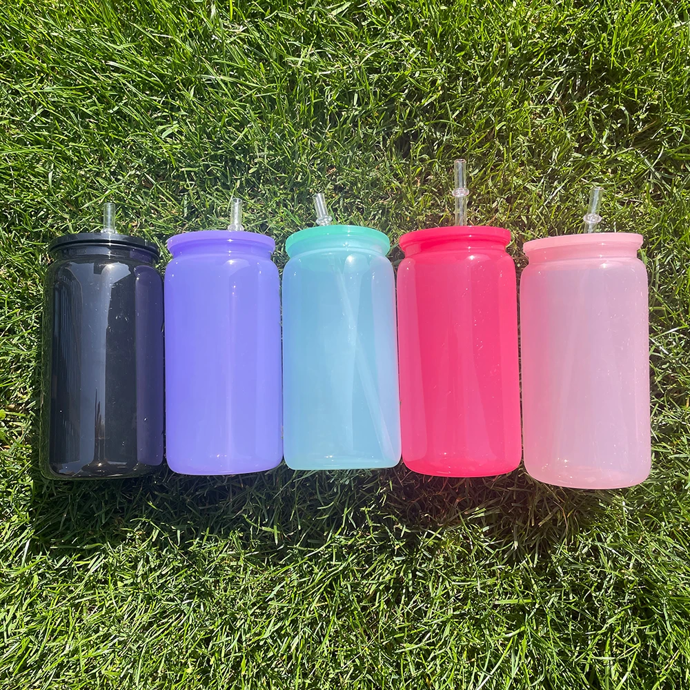 US warehouse 16oz clear macaron acrylic plastic can cups unbreakable color cold drinking glasses with pp plastic lids and straws