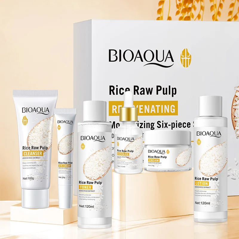 OEM Beauty Wholesale Rice Raw Puip Skin Care Products Set Six Pieces Moisturize Dry Rough Brightening Skin Facial Care Set