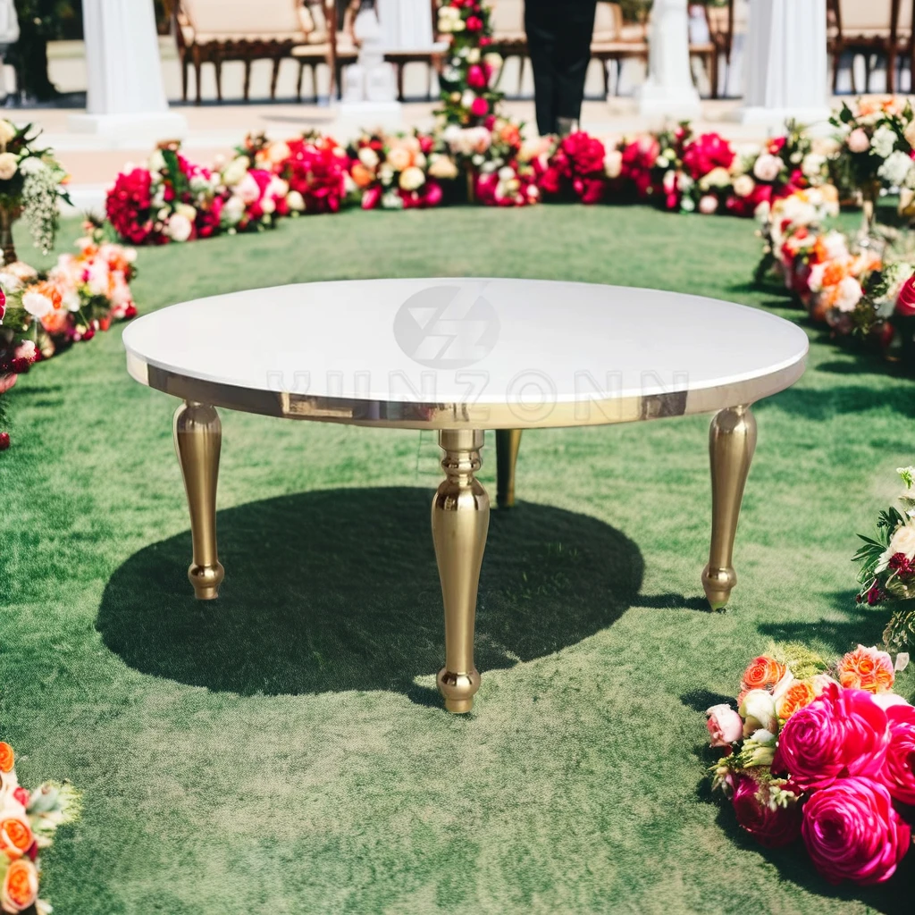 Modern round Dining Table with White MDF Top and Stainless Steel Base for Hotels Weddings Outdoor Events