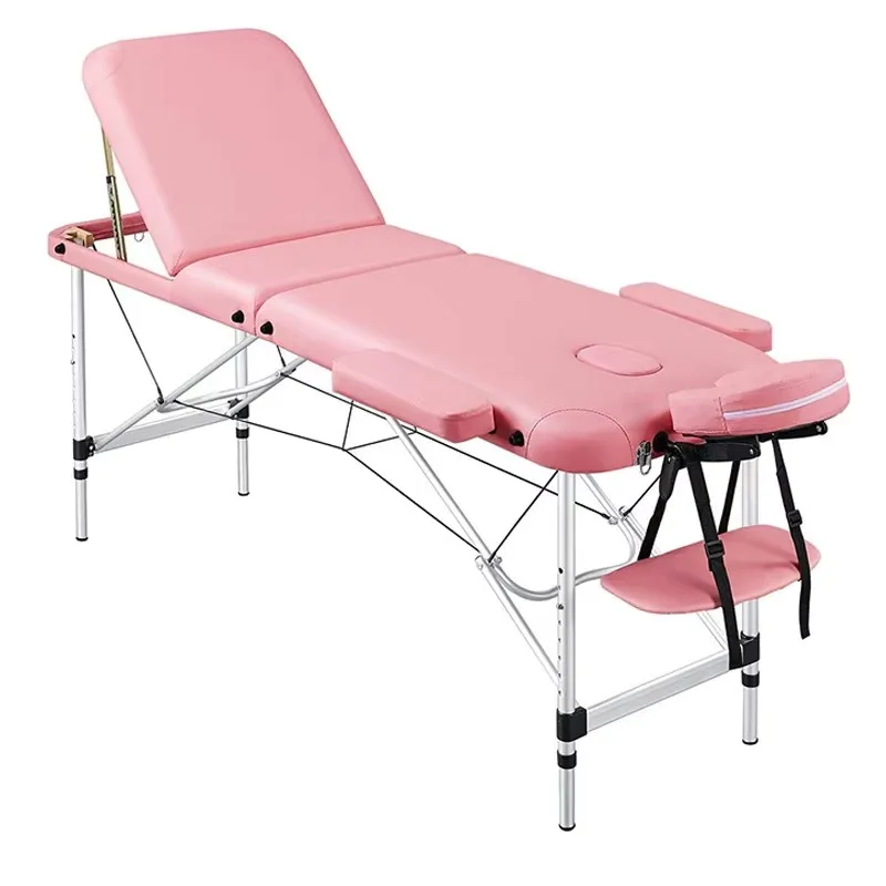 Hot selling portable SPA face 3 section massage table aluminum portable folding lash bed pink salon furniture