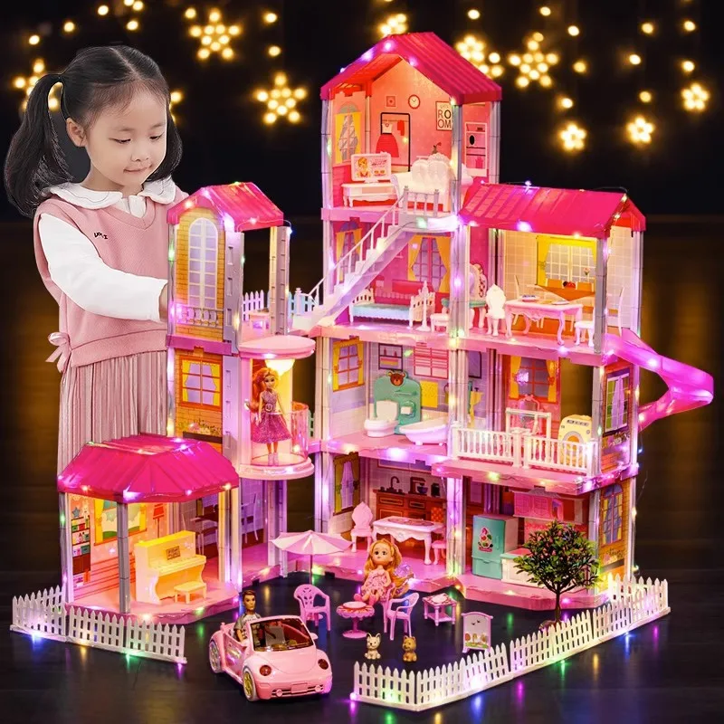 Children Fun Pretend Play  DIY Big Size House Rooms Princess Villa Accessories Furniture Toy DIY Assembly  Doll House For Girls