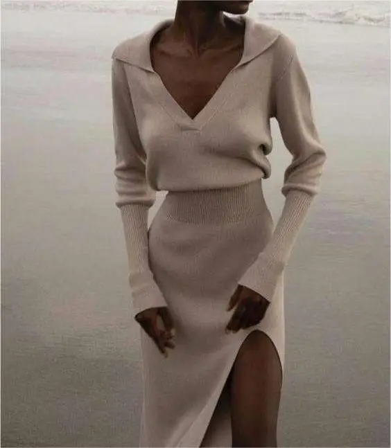 Supplier Custom Long Sleeve Plastic Waist Sweater Dress Plus Size Luxury Fashion Polo V Neck Knit Slit Sweater Dress For Women