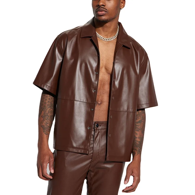 Black Summer Custom Logo Men Blank Faux PU Leather Short Sleeve Button Up Shirts