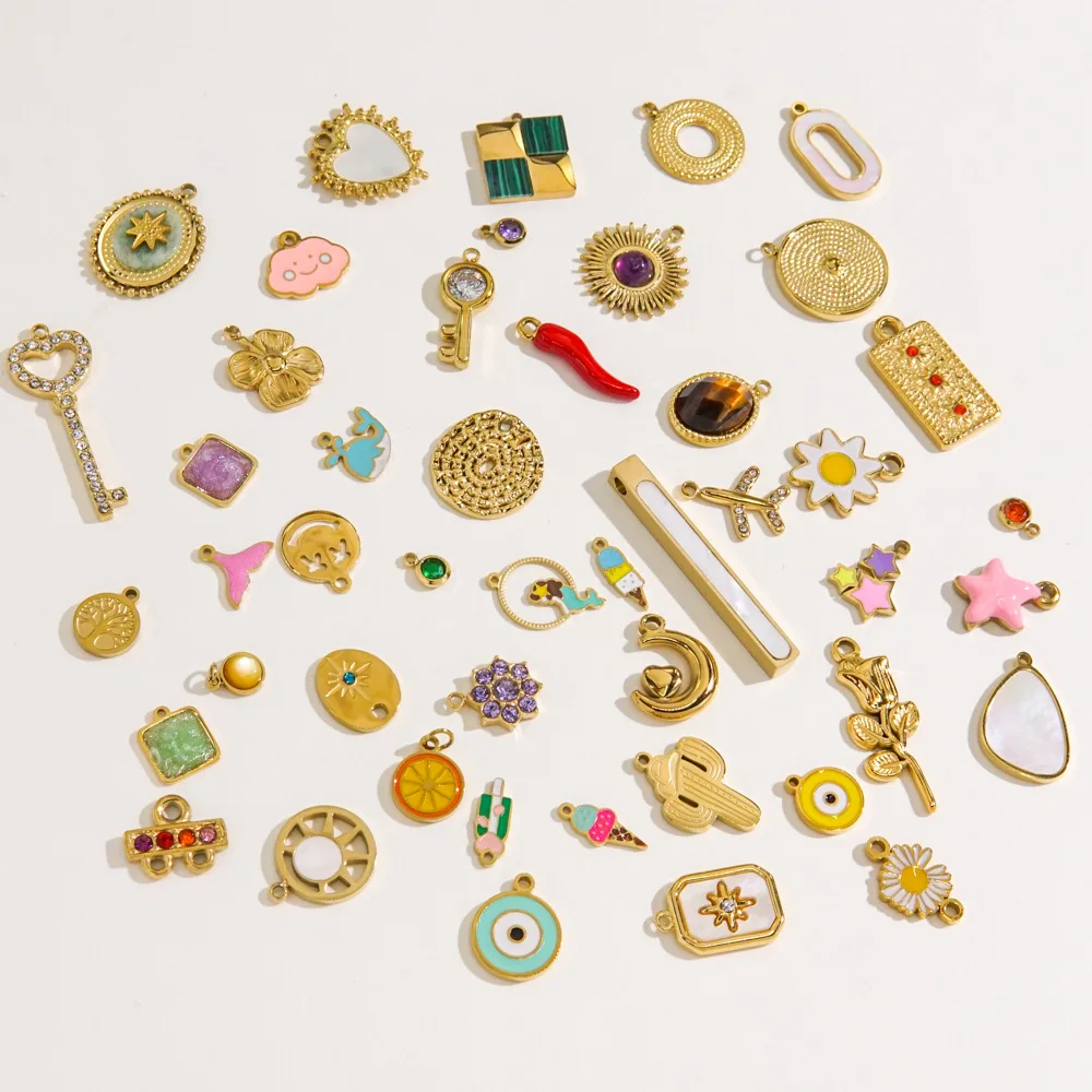Assorted Stainless Steel Gold Plated Dripping Oil Enamel CZ White Shell Charms Personalized Pendants Bracelet Necklace Accessory