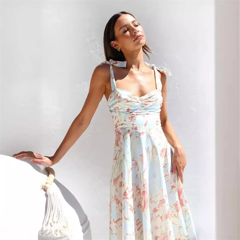 New arrival elegant casual slip dress back out maxi pretty floral dresses women flower clothing
