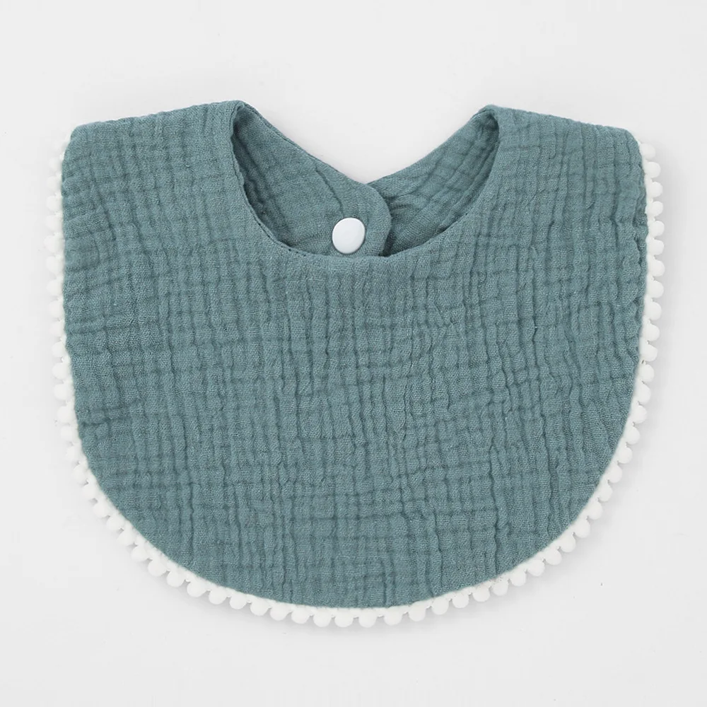 Baby Drooling Bibs Baby Burp Cloths Toddler Kids Muslin Pom Pom Trim Feeding Bib Muslin Cotton Bandana Drool Bibs with Pompoms