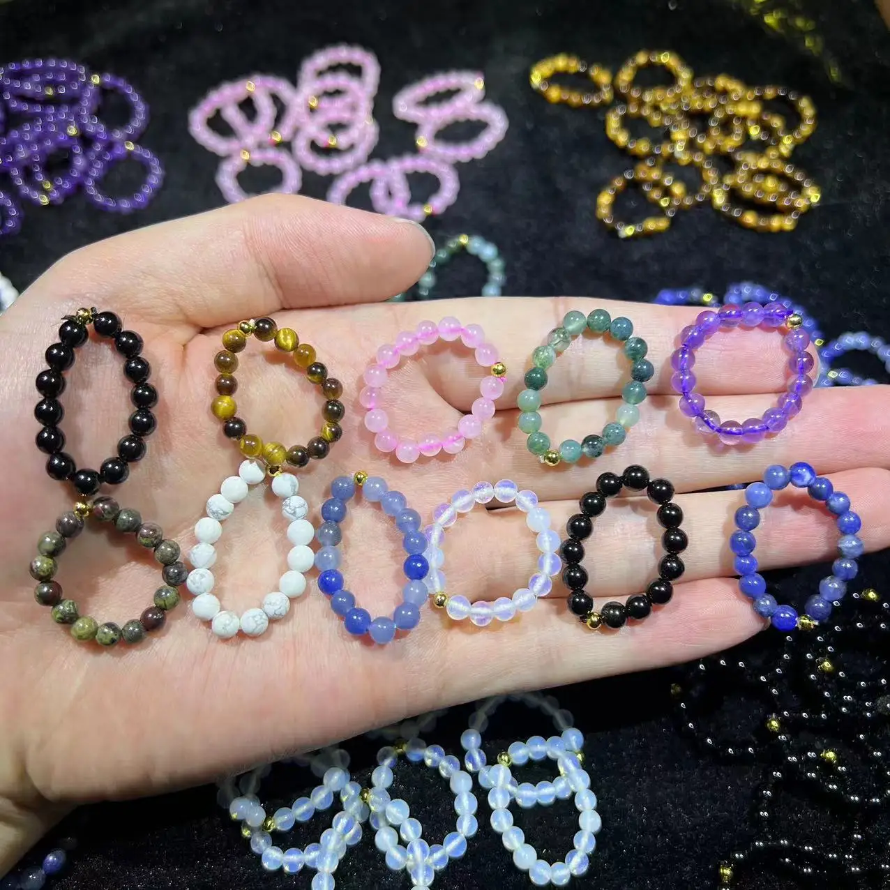 Natural Amethyst Beads Elasticity Finger Rings 5mm Rose Quartz Crystal Ring For Women Men Gift