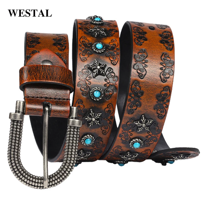 Westal Retro Waist Belts Women Ladies Butterfly Embossed Pin Buckle Leather Womens Belts for Jeans Luxury Belts for Women