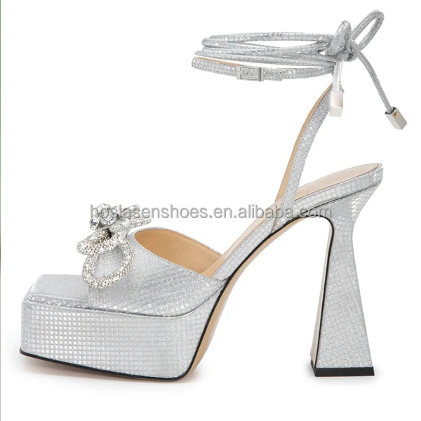 Hoslasen wholesale and retail 2022 new designs shinny purple thick platform and heel with rhinestone flower women sandals