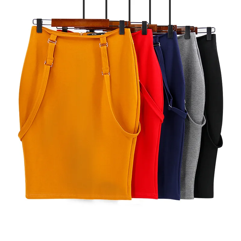 Wholesale Women High Waist Solid Color Stretchy Office Lady Pencil Braces Suspender Skirts