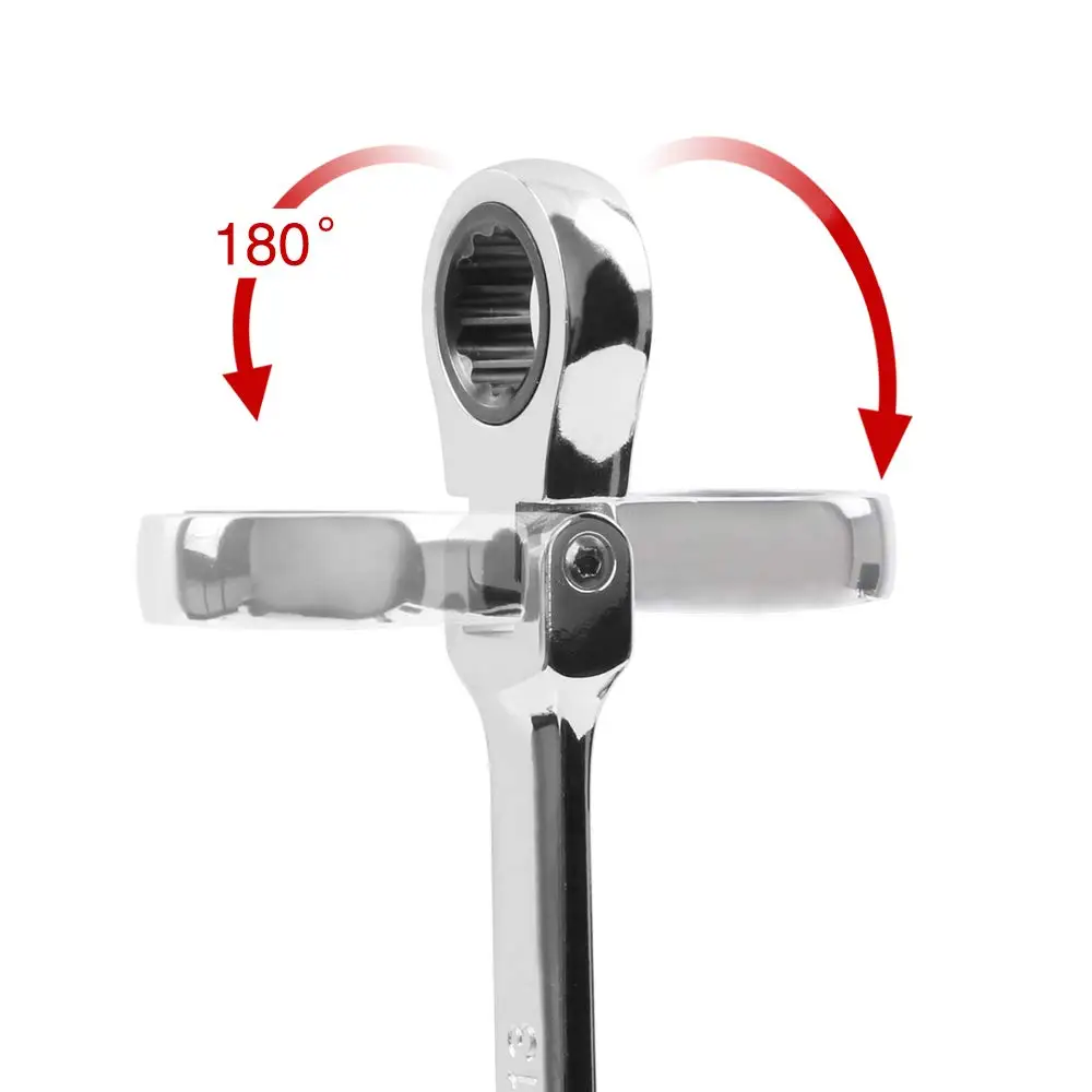 Chrome Vanadium Steel 6Pcs Extra Long Spanner 8-19mm Flexible Head Box End Ratcheting Spanners Double Sided Ring Wrench Set