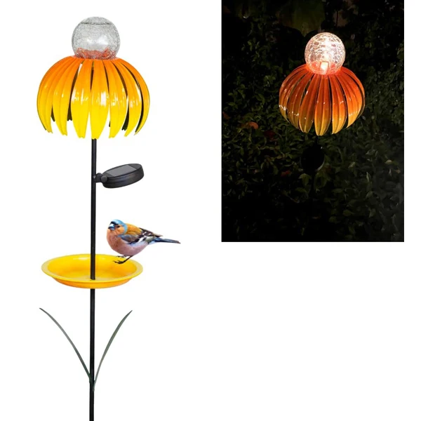 OEM customized rust-proof metal flower solar bird feeder with stand solar garden flower stake with bird feeder garden decoration