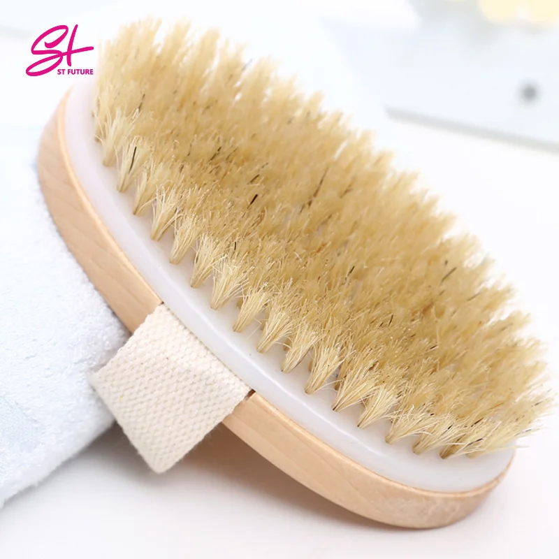 Wholesale Custom Logo Wood Handle Natural Boar Bristle Dry Skin Body Bath Brush With Hand Band