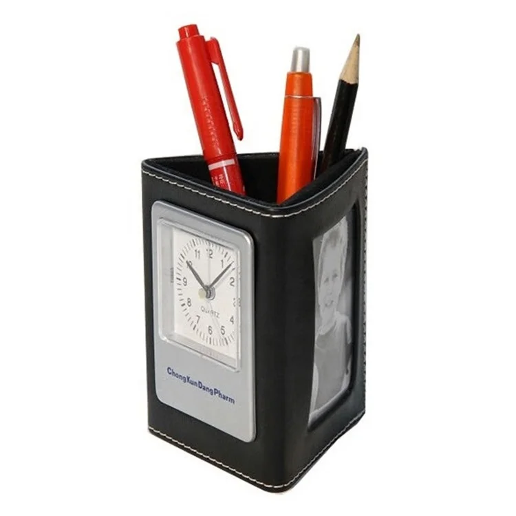 LG-B014D Triangle Prism PU Leather handmade customized Pen Holder With Clock / Photo Framed Pencil Case / Pen Cup