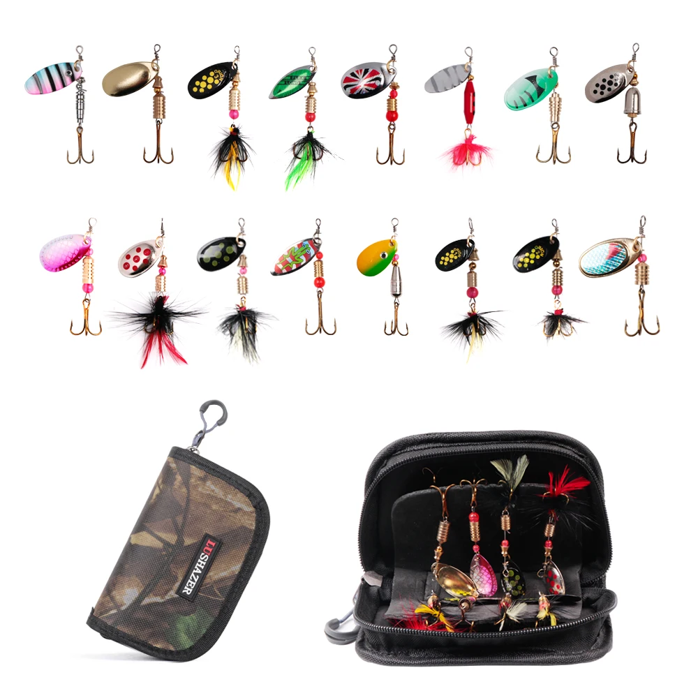 
Amazon hot sale logo custom 16 PCS fishing Lure fishing spoon kit metal Hard Spinner lure Baits set with carry bag 