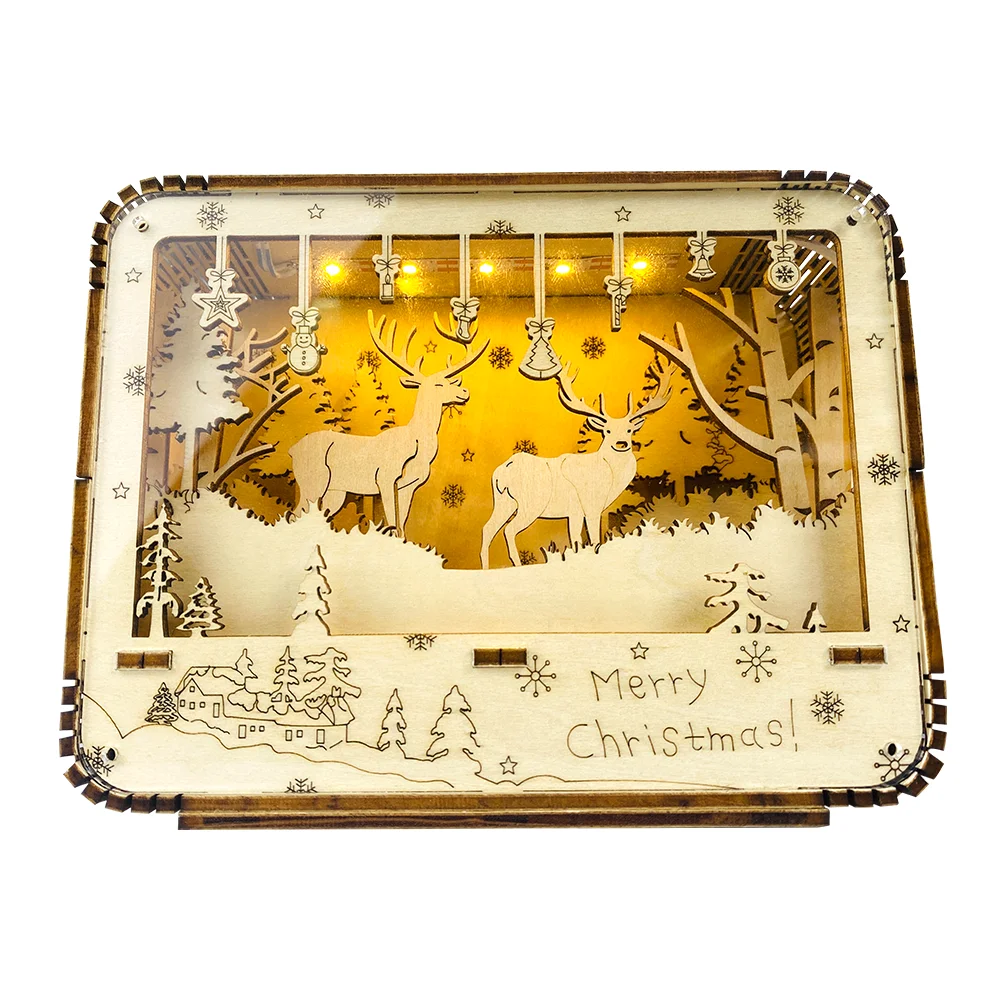 Creative Design Glow Toys Christmas Decorations Deer Rudolph DIY Luminous Box Kids Assembled Kits Wooden 3D Puzzles Gift