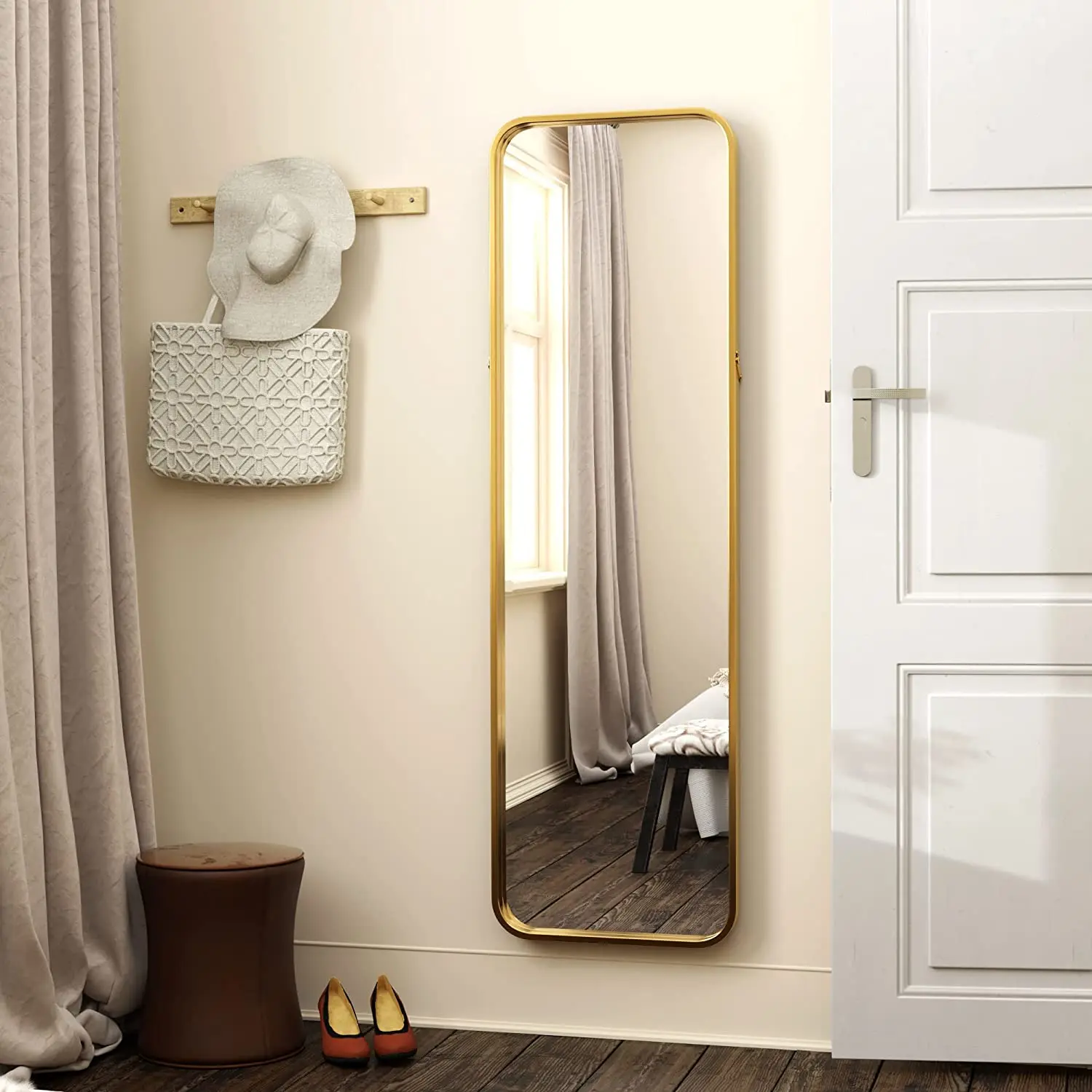 Fully Assembled Dressing Wall-Mounted Mirror, Floor Mirror Gold Metal Frame, Large Body Mirror for Bedroom