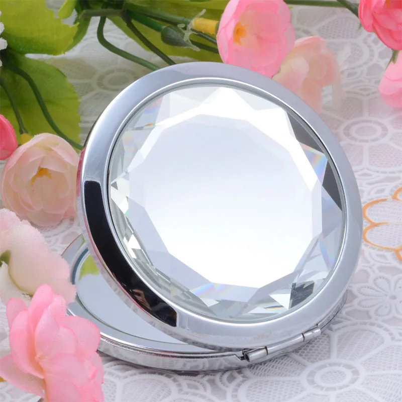 Popular OEM Logo Small Crystal Pocket Cosmetic Mirror 2X Foldable Compact Portable Travel Round Double Sides Makeup Mirror