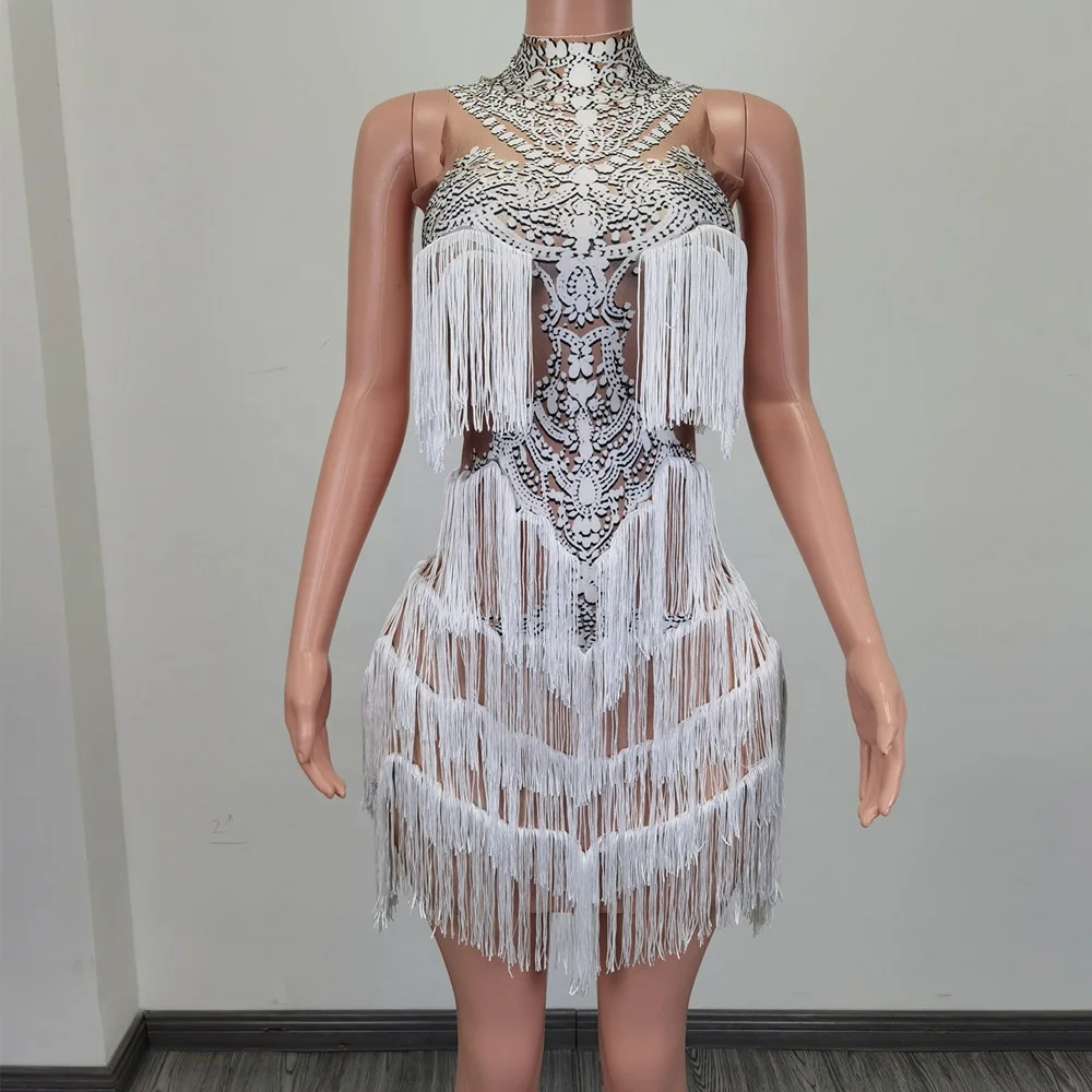 Sexy Print Sleeveless Fringes Short Dinner Cocktail Dress Dancer Stage Performance Wear Short Prom Dress Women Party Club Dress