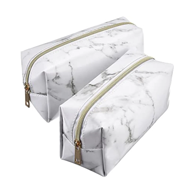 Custom Printing Full Marble Pattern Pu Leather Cosmetic Bag Rectangle Large Capacity Storage Brushes