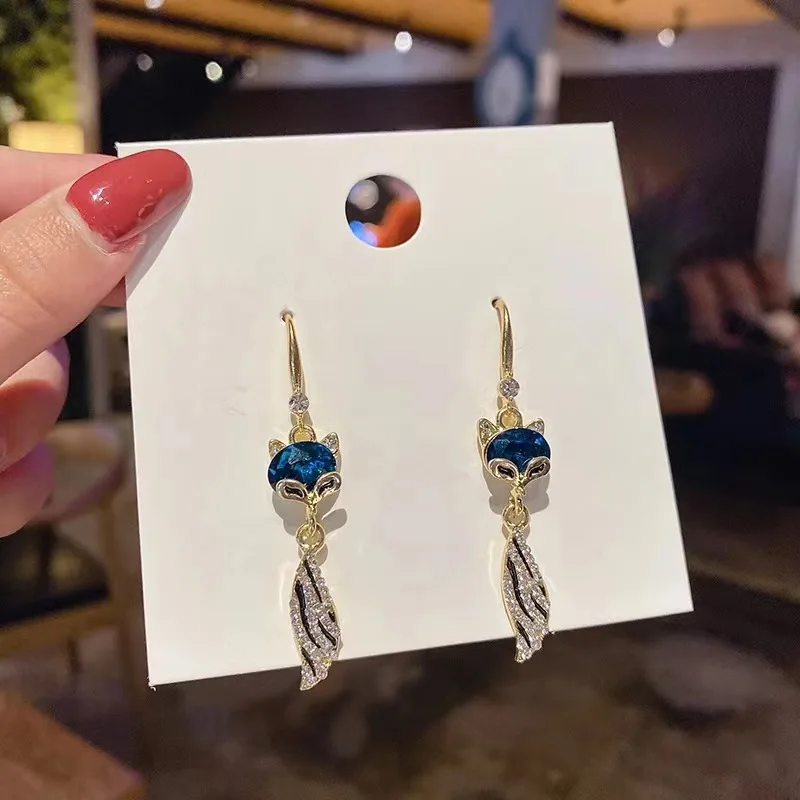 fairy ear hook blue rhinestone Fox long earrings elegant high-end versatile gentle earrings