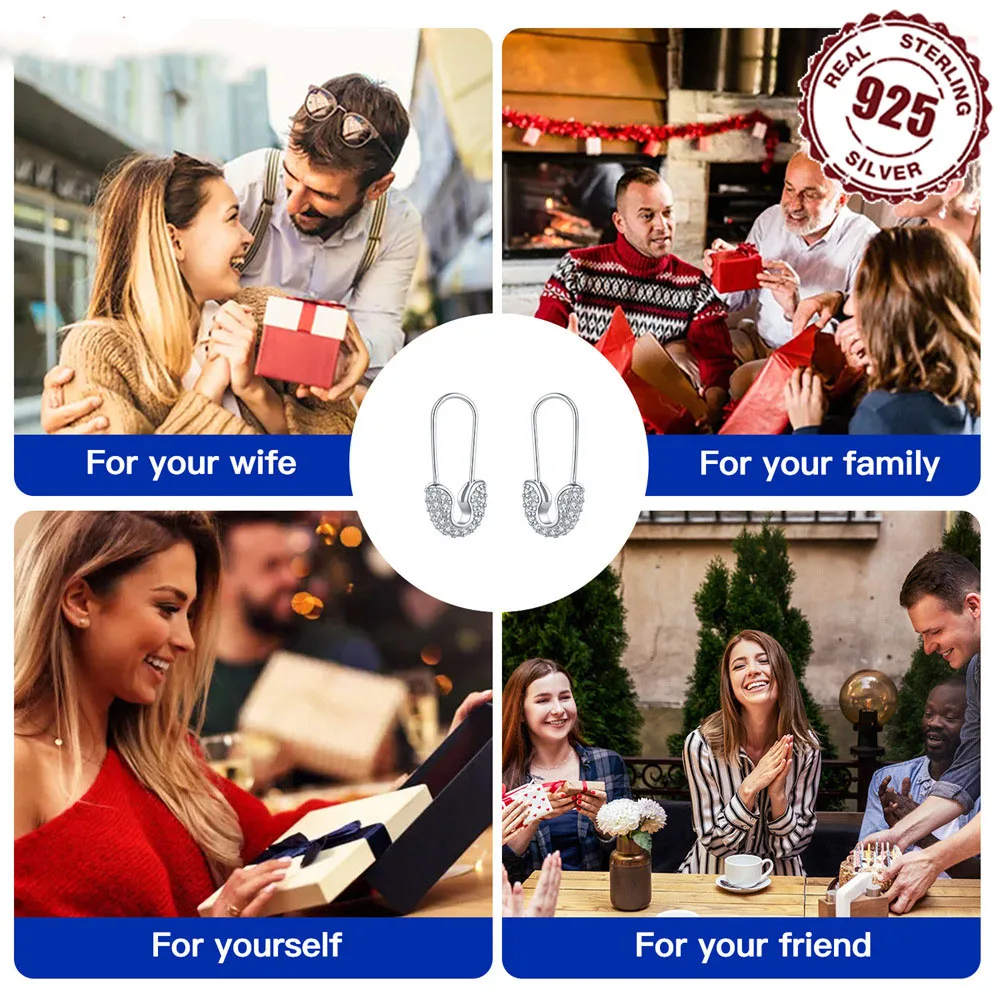 Unique Creative Jewelry Paper Clip Hoop Earrings 925 Sterling Silver Cubic Zirconia CZ Safety Pin Earrings for Women Ladies