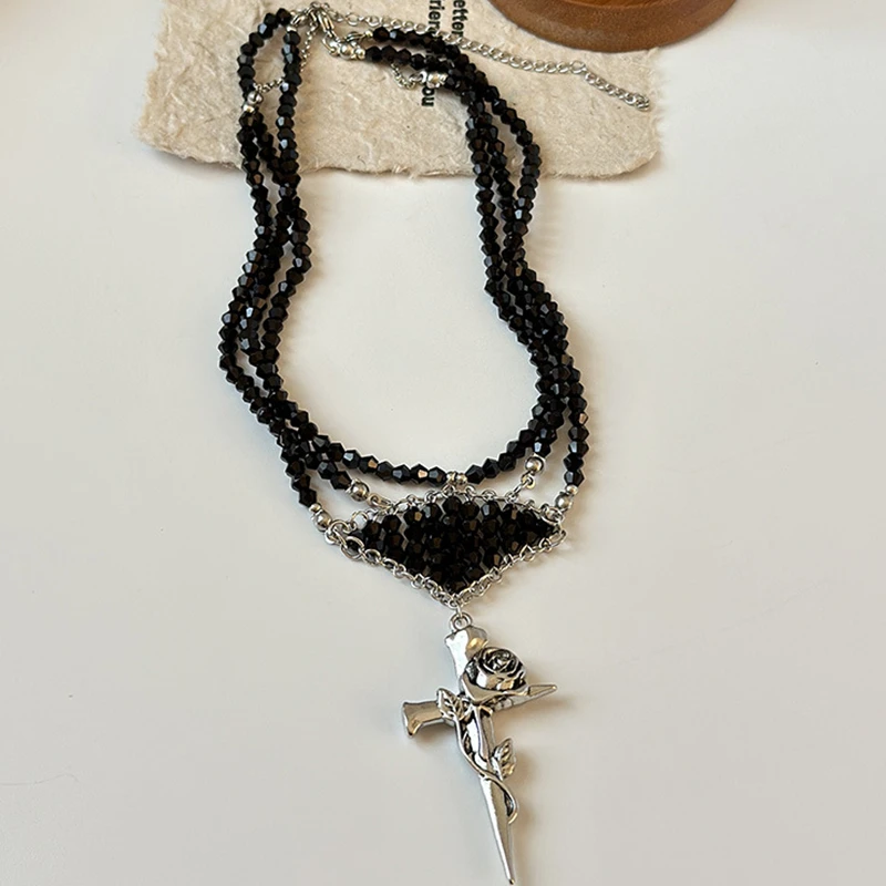 KOMI Vintage Silver Cross Pendant Necklace Layered Black Crystal Beaded Necklace with Cross Charm Choker Necklaces for Women