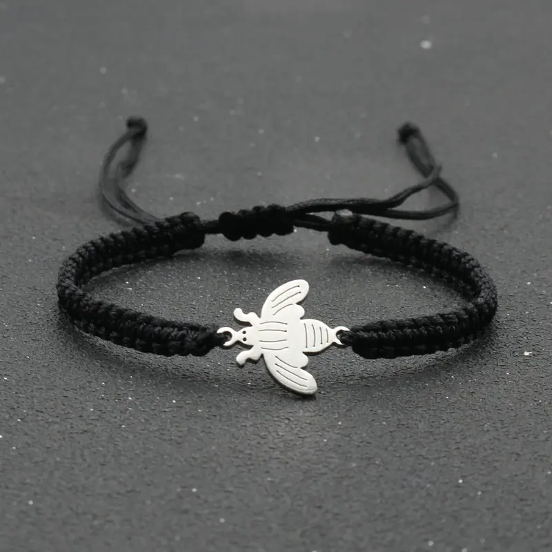 Fashion New stainless steel small bee bracelet hand woven adjustable red rope bracelet flat knot rope for men and women jewelry