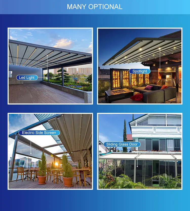 Bioclimatic Aluminum PVC Pergola Sliding Porch Awnings Retractable Roof Systems
