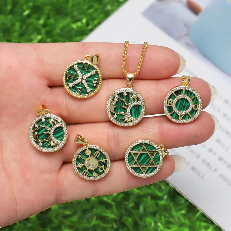 Wholesale Synthetic Malachite Gold Plated Brass Compass Zircon Round Initials Pendant Necklace