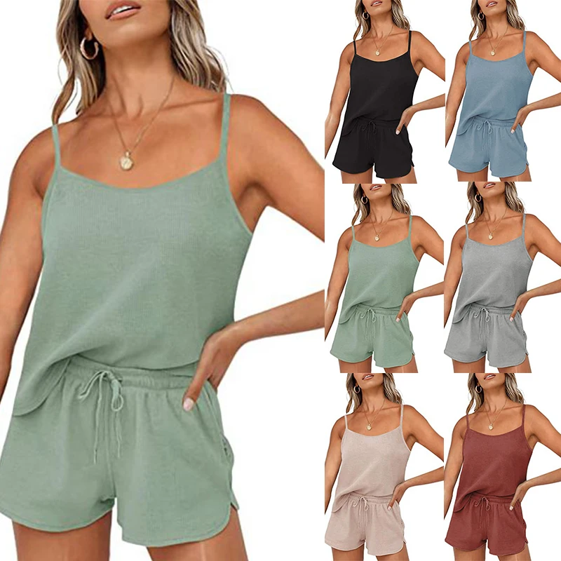 
Fashionable Women Waffle Spaghetti strap two pieces shorts sets tank top 