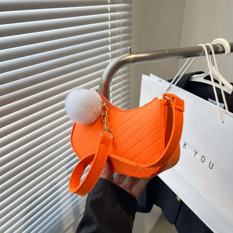 Felt Soft Handbag Women Armpit Shoulder Bag with Small Fur New Ball for Lady Design Candy Color Thread Fashion Bag Polyester 