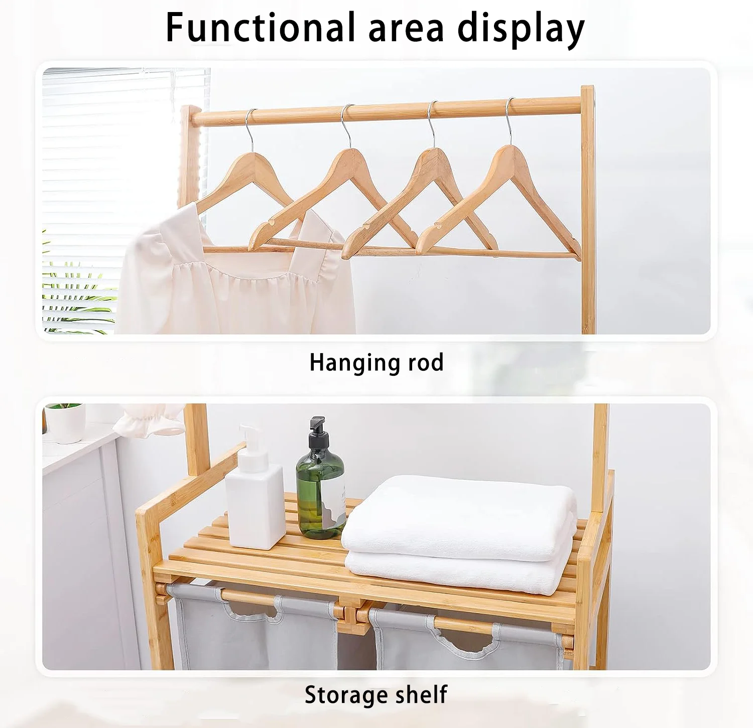 Hanging Rack Laundry Basket 2-in-1 Shelf Removable Bamboo Laundry Basket Laundry Hamper