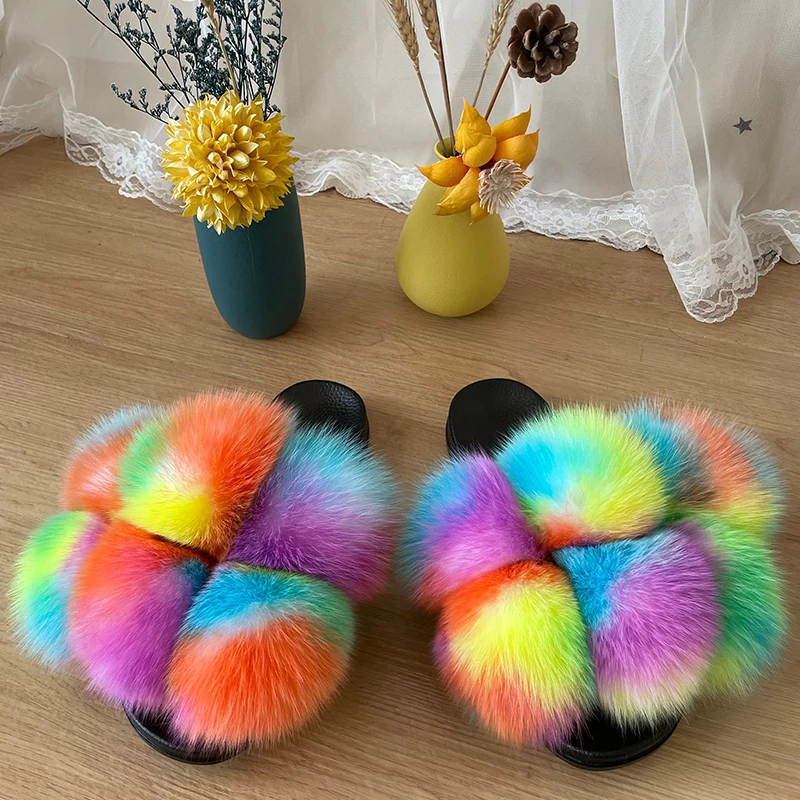 
2021 new fox fur ball slippers fox fur slippers fur slides 