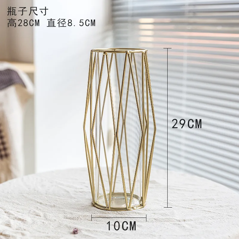 Metal & Glass Vase for Flower Arrangement Living Room Tabletop Vase iron art metal glass golden vase for  Home Decoration
