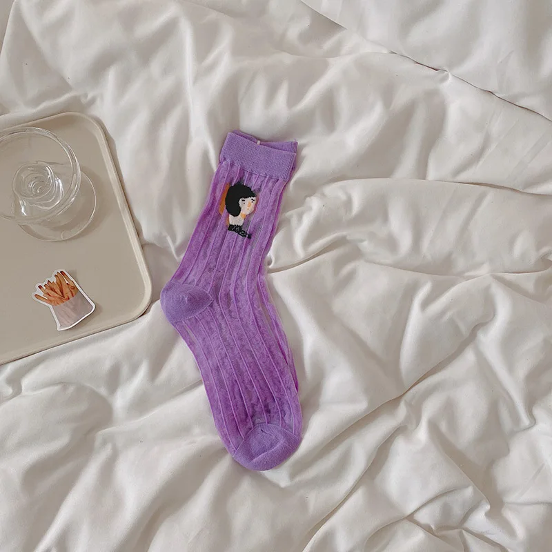 Wholesale Factory Crystal Glass Silk Sheer Women Manufacturers Girls Colorful Stripes Crew Socks