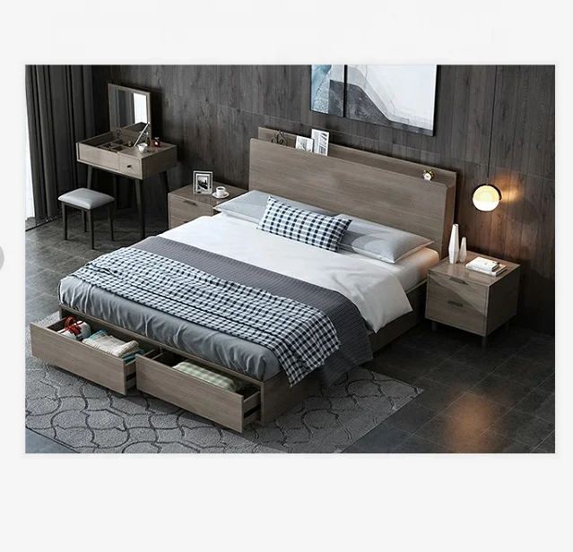 King queen size modern design home furniture baby bedroom set hotel apartment drawers storage bed