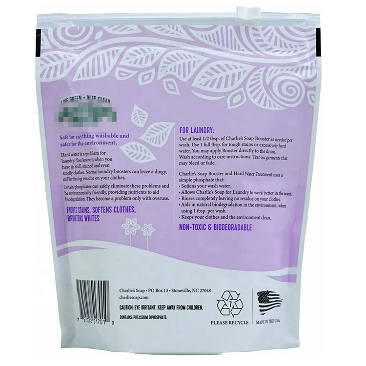 Custom resealable laundry detergent packaging bag with slider ziplock stand up bag K bottom wholesale