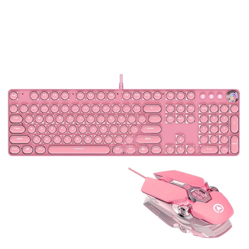Gamingkeyboards Mechanical Gaming Keyboard and Mouse Combo With LED Backlit 104-Key Blue Switch Pink Wired Laptop Keyboard