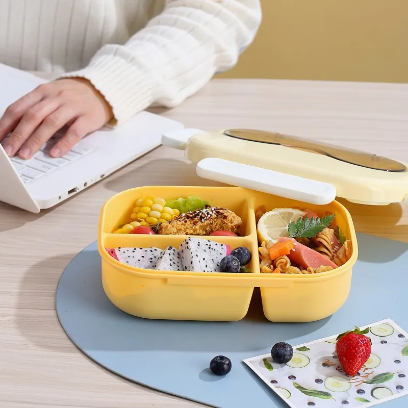 Factory Price Kawaii Portable 3 Grids 1200ml Microwave Safe Plastic Lunch Box With Cutlery Set For Grids School