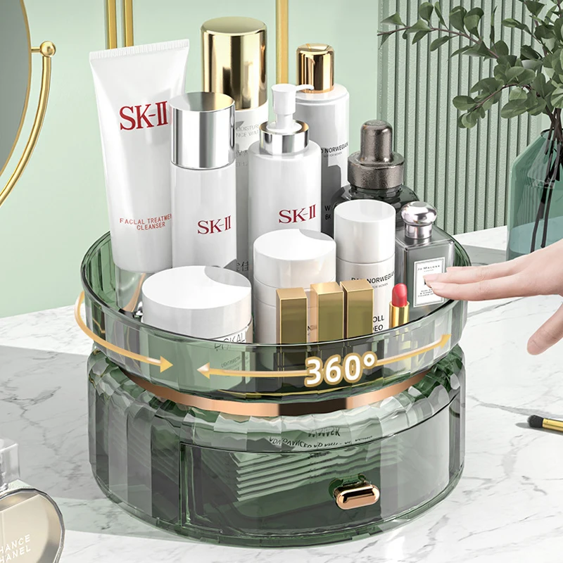 360 Rotating Makeup Organizer Perfume Tray with Drawers Bathroom Countertop Vanity Lazy Susan Cosmetic Display Case