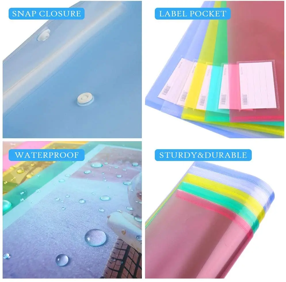Plastic Poly Envelopes A4 Clear File Bags Document Folders Organizers with Snap Button